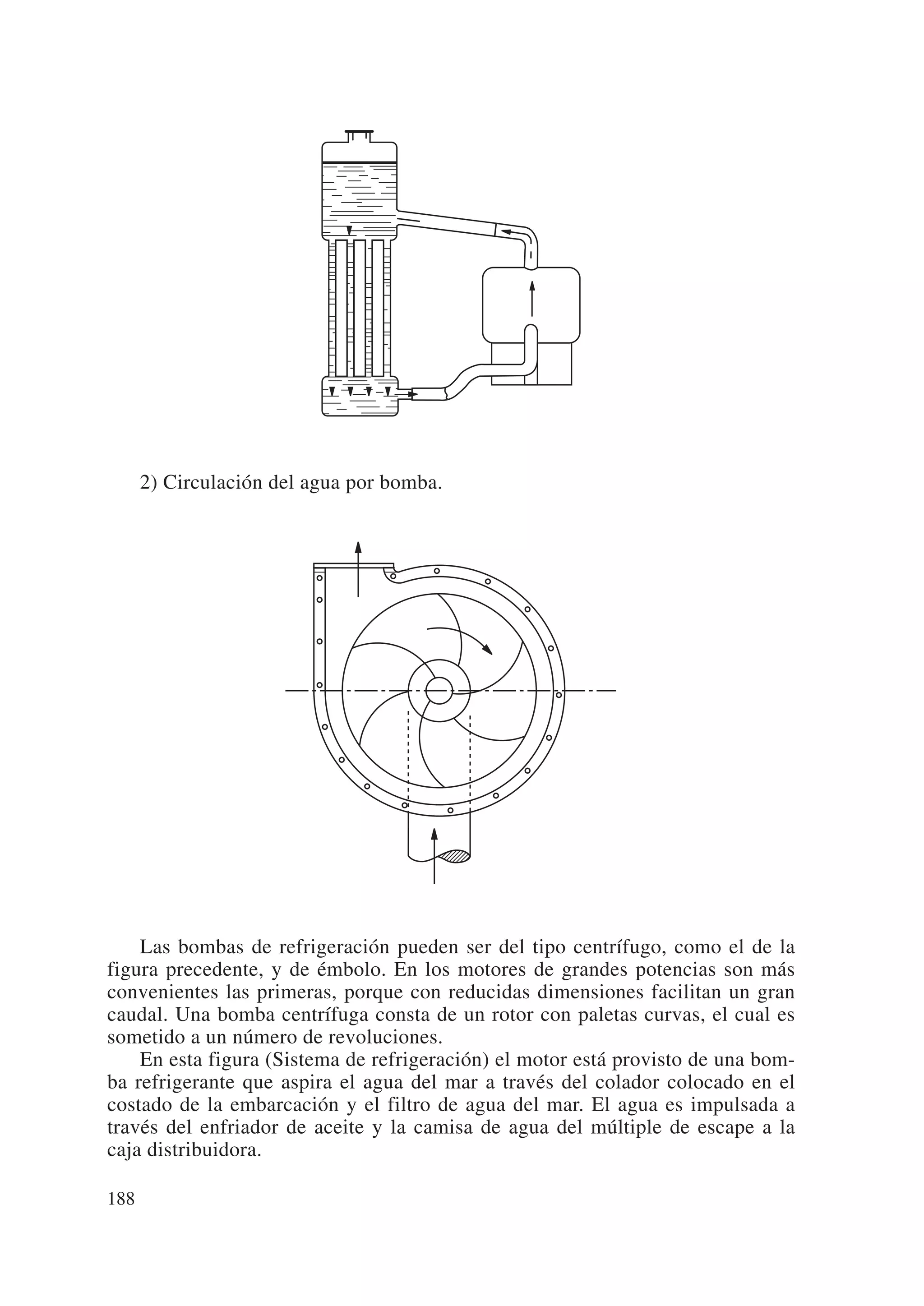 2) Circulación del agua por bomba.




    Las bombas de refrigeración pueden ser del tipo centrífugo, como el de la
figura precedente, y de émbolo. En los motores de grandes potencias son más
convenientes las primeras, porque con reducidas dimensiones facilitan un gran
caudal. Una bomba centrífuga consta de un rotor con paletas curvas, el cual es
sometido a un número de revoluciones.
    En esta figura (Sistema de refrigeración) el motor está provisto de una bom-
ba refrigerante que aspira el agua del mar a través del colador colocado en el
costado de la embarcación y el filtro de agua del mar. El agua es impulsada a
través del enfriador de aceite y la camisa de agua del múltiple de escape a la
caja distribuidora.

188
 