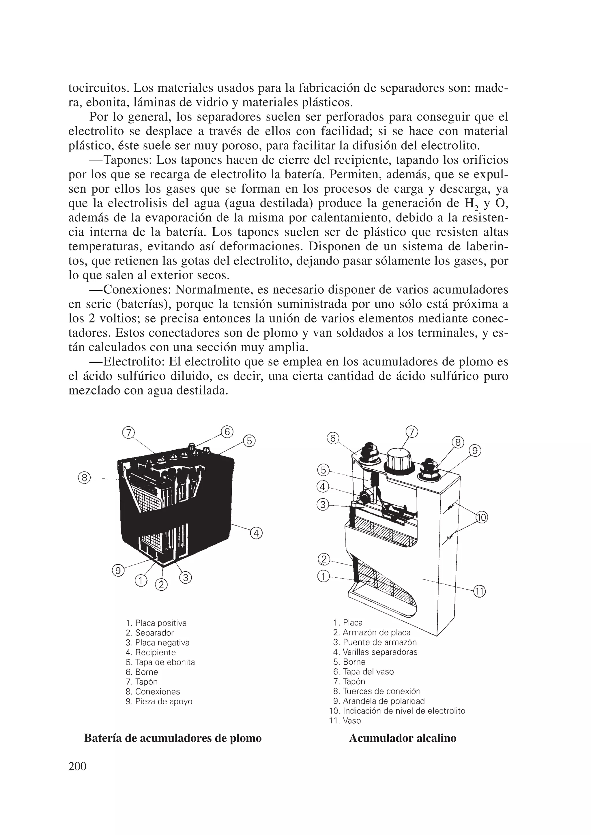 tocircuitos. Los materiales usados para la fabricación de separadores son: made-
ra, ebonita, láminas de vidrio y materiales plásticos.
     Por lo general, los separadores suelen ser perforados para conseguir que el
electrolito se desplace a través de ellos con facilidad; si se hace con material
plástico, éste suele ser muy poroso, para facilitar la difusión del electrolito.
     —Tapones: Los tapones hacen de cierre del recipiente, tapando los orificios
por los que se recarga de electrolito la batería. Permiten, además, que se expul-
sen por ellos los gases que se forman en los procesos de carga y descarga, ya
que la electrolisis del agua (agua destilada) produce la generación de H2 y O,
además de la evaporación de la misma por calentamiento, debido a la resisten-
cia interna de la batería. Los tapones suelen ser de plástico que resisten altas
temperaturas, evitando así deformaciones. Disponen de un sistema de laberin-
tos, que retienen las gotas del electrolito, dejando pasar sólamente los gases, por
lo que salen al exterior secos.
     —Conexiones: Normalmente, es necesario disponer de varios acumuladores
en serie (baterías), porque la tensión suministrada por uno sólo está próxima a
los 2 voltios; se precisa entonces la unión de varios elementos mediante conec-
tadores. Estos conectadores son de plomo y van soldados a los terminales, y es-
tán calculados con una sección muy amplia.
     —Electrolito: El electrolito que se emplea en los acumuladores de plomo es
el ácido sulfúrico diluido, es decir, una cierta cantidad de ácido sulfúrico puro
mezclado con agua destilada.




  Batería de acumuladores de plomo                  Acumulador alcalino

200
 