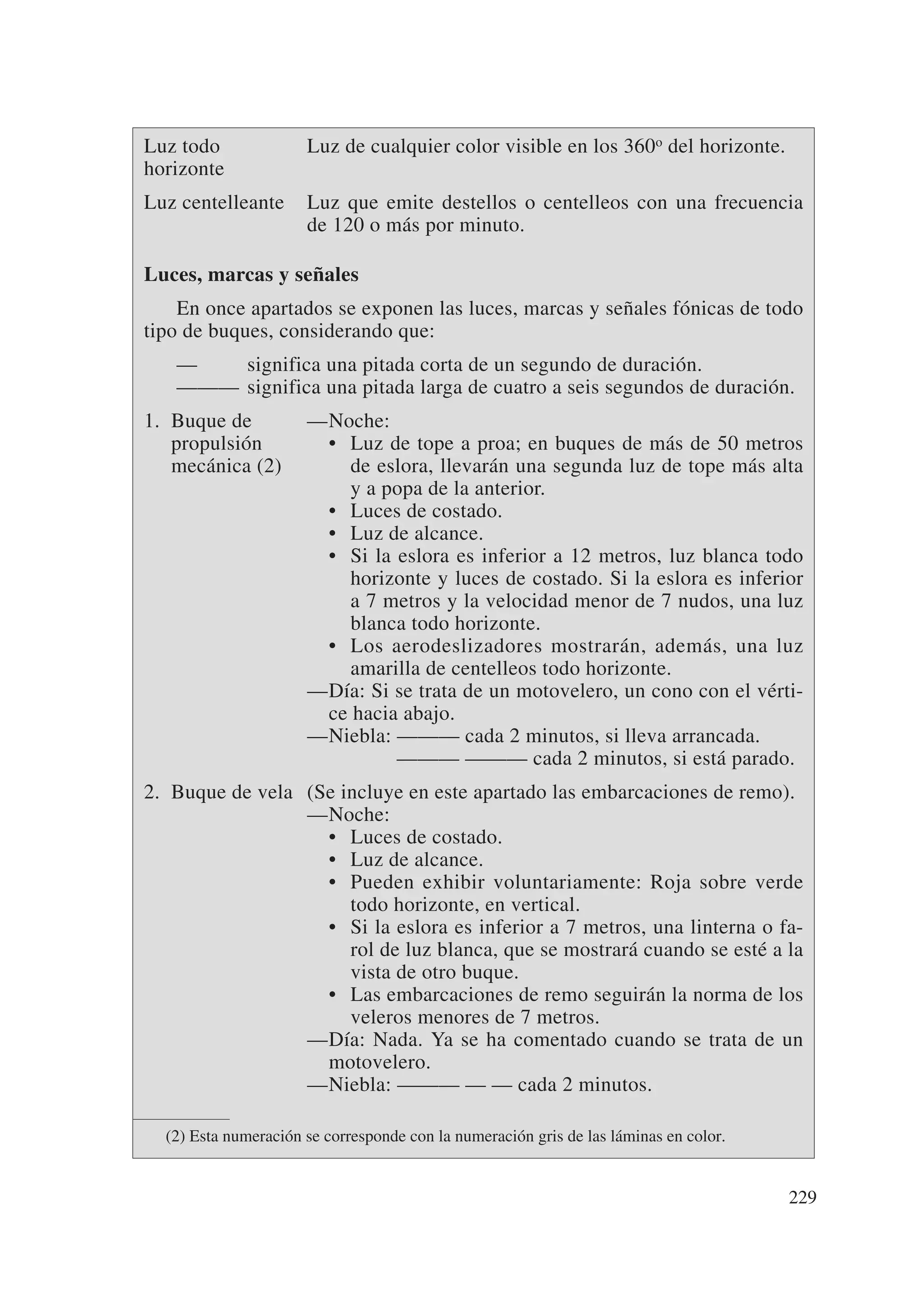Luz todo              Luz de cualquier color visible en los 360o del horizonte.
horizonte
Luz centelleante      Luz que emite destellos o centelleos con una frecuencia
                      de 120 o más por minuto.

Luces, marcas y señales
    En once apartados se exponen las luces, marcas y señales fónicas de todo
tipo de buques, considerando que:
   —   significa una pitada corta de un segundo de duración.
   ——— significa una pitada larga de cuatro a seis segundos de duración.
1. Buque de           —Noche:
   propulsión          • Luz de tope a proa; en buques de más de 50 metros
   mecánica (2)           de eslora, llevarán una segunda luz de tope más alta
                          y a popa de la anterior.
                       • Luces de costado.
                       • Luz de alcance.
                       • Si la eslora es inferior a 12 metros, luz blanca todo
                          horizonte y luces de costado. Si la eslora es inferior
                          a 7 metros y la velocidad menor de 7 nudos, una luz
                          blanca todo horizonte.
                       • Los aerodeslizadores mostrarán, además, una luz
                          amarilla de centelleos todo horizonte.
                      —Día: Si se trata de un motovelero, un cono con el vérti-
                       ce hacia abajo.
                      —Niebla: ——— cada 2 minutos, si lleva arrancada.
                               ——— ——— cada 2 minutos, si está parado.
2. Buque de vela (Se incluye en este apartado las embarcaciones de remo).
                 —Noche:
                   • Luces de costado.
                   • Luz de alcance.
                   • Pueden exhibir voluntariamente: Roja sobre verde
                      todo horizonte, en vertical.
                   • Si la eslora es inferior a 7 metros, una linterna o fa-
                      rol de luz blanca, que se mostrará cuando se esté a la
                      vista de otro buque.
                   • Las embarcaciones de remo seguirán la norma de los
                      veleros menores de 7 metros.
                 —Día: Nada. Ya se ha comentado cuando se trata de un
                   motovelero.
                 —Niebla: ——— — — cada 2 minutos.

  (2) Esta numeración se corresponde con la numeración gris de las láminas en color.


                                                                                       229
 