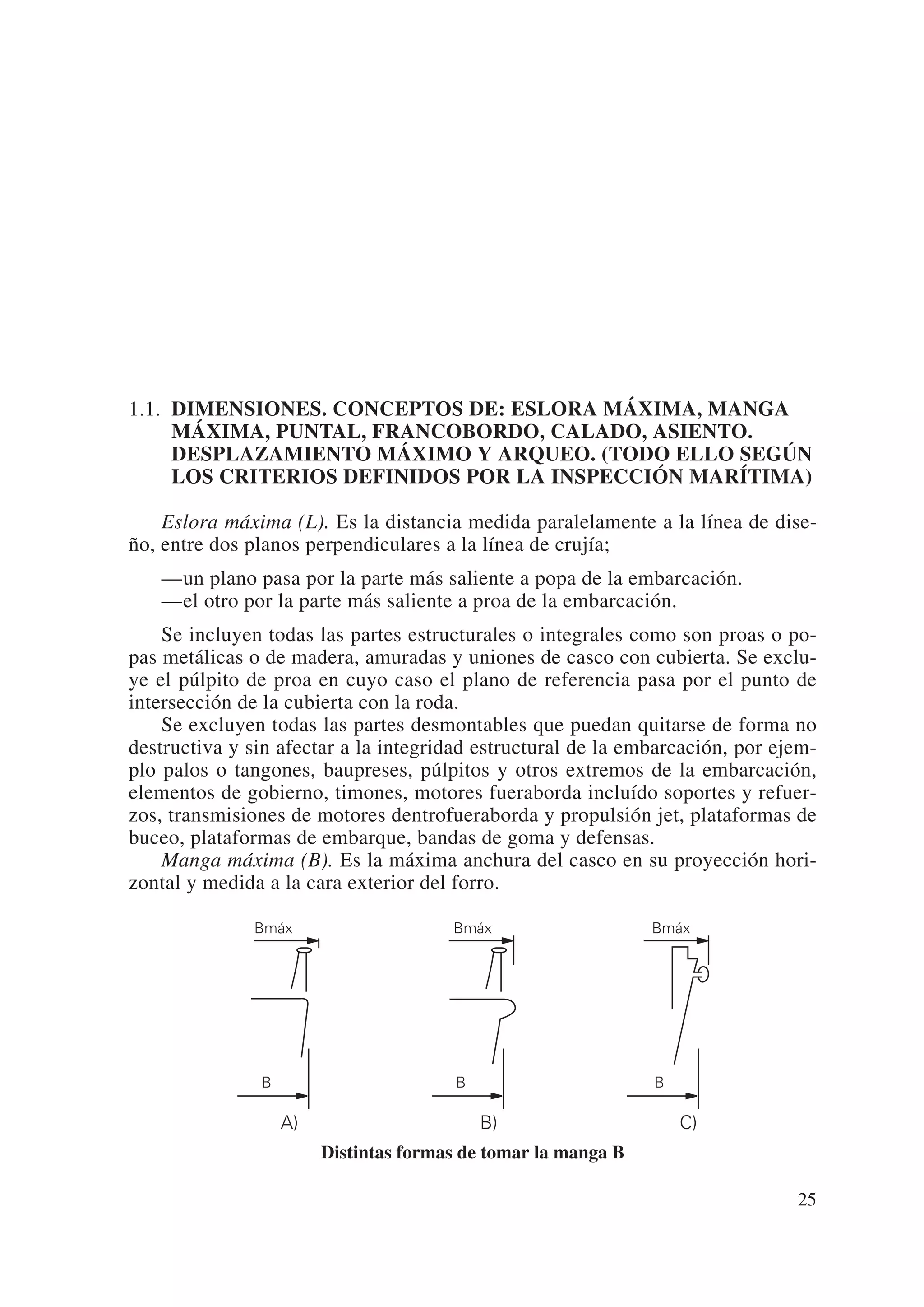 1.1. DIMENSIONES. CONCEPTOS DE: ESLORA MÁXIMA, MANGA
     MÁXIMA, PUNTAL, FRANCOBORDO, CALADO, ASIENTO.
     DESPLAZAMIENTO MÁXIMO Y ARQUEO. (TODO ELLO SEGÚN
     LOS CRITERIOS DEFINIDOS POR LA INSPECCIÓN MARÍTIMA)

    Eslora máxima (L). Es la distancia medida paralelamente a la línea de dise-
ño, entre dos planos perpendiculares a la línea de crujía;
   —un plano pasa por la parte más saliente a popa de la embarcación.
   —el otro por la parte más saliente a proa de la embarcación.
    Se incluyen todas las partes estructurales o integrales como son proas o po-
pas metálicas o de madera, amuradas y uniones de casco con cubierta. Se exclu-
ye el púlpito de proa en cuyo caso el plano de referencia pasa por el punto de
intersección de la cubierta con la roda.
    Se excluyen todas las partes desmontables que puedan quitarse de forma no
destructiva y sin afectar a la integridad estructural de la embarcación, por ejem-
plo palos o tangones, baupreses, púlpitos y otros extremos de la embarcación,
elementos de gobierno, timones, motores fueraborda incluído soportes y refuer-
zos, transmisiones de motores dentrofueraborda y propulsión jet, plataformas de
buceo, plataformas de embarque, bandas de goma y defensas.
    Manga máxima (B). Es la máxima anchura del casco en su proyección hori-
zontal y medida a la cara exterior del forro.

              Bmáx                     Bmáx                    Bmáx




               B                        B                      B

                   A)                       B)                     C)
                        Distintas formas de tomar la manga B

                                                                               25
 