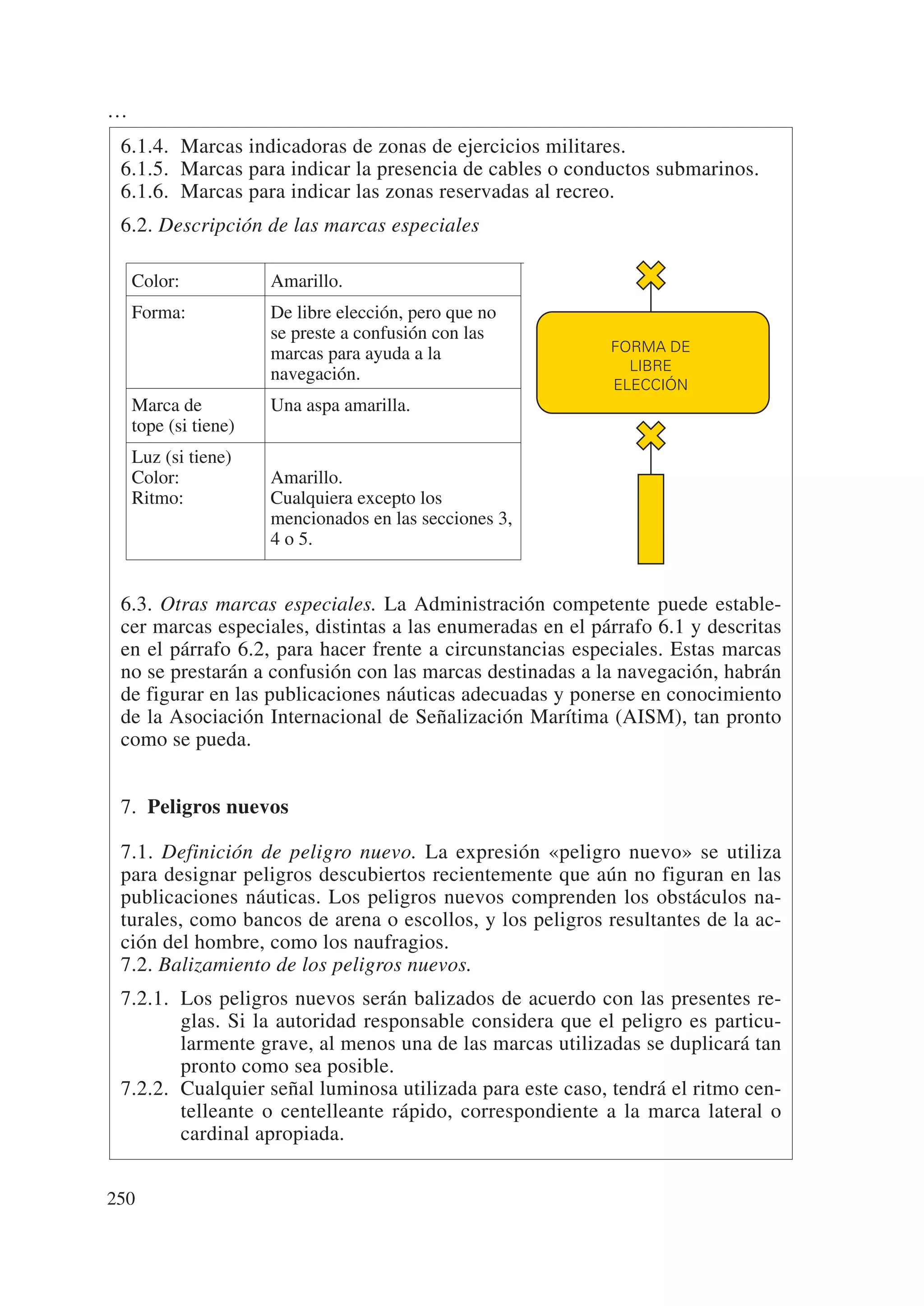 …
 6.1.4. Marcas indicadoras de zonas de ejercicios militares.
 6.1.5. Marcas para indicar la presencia de cables o conductos submarinos.
 6.1.6. Marcas para indicar las zonas reservadas al recreo.
 6.2. Descripción de las marcas especiales

    Color:            Amarillo.
    Forma:            De libre elección, pero que no
                      se preste a confusión con las
                      marcas para ayuda a la               FORMA DE
                                                             LIBRE
                      navegación.
                                                           ELECCIÓN
    Marca de          Una aspa amarilla.
    tope (si tiene)
    Luz (si tiene)
    Color:            Amarillo.
    Ritmo:            Cualquiera excepto los
                      mencionados en las secciones 3,
                      4 o 5.


 6.3. Otras marcas especiales. La Administración competente puede estable-
 cer marcas especiales, distintas a las enumeradas en el párrafo 6.1 y descritas
 en el párrafo 6.2, para hacer frente a circunstancias especiales. Estas marcas
 no se prestarán a confusión con las marcas destinadas a la navegación, habrán
 de figurar en las publicaciones náuticas adecuadas y ponerse en conocimiento
 de la Asociación Internacional de Señalización Marítima (AISM), tan pronto
 como se pueda.


 7. Peligros nuevos

 7.1. Definición de peligro nuevo. La expresión «peligro nuevo» se utiliza
 para designar peligros descubiertos recientemente que aún no figuran en las
 publicaciones náuticas. Los peligros nuevos comprenden los obstáculos na-
 turales, como bancos de arena o escollos, y los peligros resultantes de la ac-
 ción del hombre, como los naufragios.
 7.2. Balizamiento de los peligros nuevos.
 7.2.1. Los peligros nuevos serán balizados de acuerdo con las presentes re-
        glas. Si la autoridad responsable considera que el peligro es particu-
        larmente grave, al menos una de las marcas utilizadas se duplicará tan
        pronto como sea posible.
 7.2.2. Cualquier señal luminosa utilizada para este caso, tendrá el ritmo cen-
        telleante o centelleante rápido, correspondiente a la marca lateral o
        cardinal apropiada.


250
 