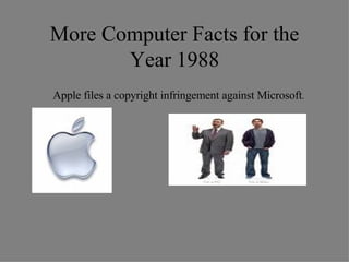 More Computer Facts for the Year 1988 Apple files a copyright infringement against Microsoft . 