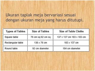 Ukuran taplak meja bervariasi sesuai
dengan ukuran meja yang harus ditutupi.
 