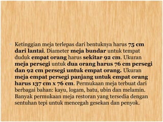 • Ketinggian meja terlepas dari bentuknya harus 75 cm
dari lantai. Diameter meja bundar untuk tempat
duduk empat orang harus sekitar 92 cm. Ukuran
meja persegi untuk dua orang harus 76 cm persegi
dan 92 cm persegi untuk empat orang. Ukuran
meja empat persegi panjang untuk empat orang
harus 137 cm x 76 cm. Permukaan meja terbuat dari
berbagai bahan: kayu, logam, batu, ubin dan melamin.
Banyak permukaan meja restoran yang tersedia dengan
sentuhan tepi untuk mencegah gesekan dan penyok.
 