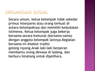 Secara umum, ketua kelompok tidak sekedar
primus interpares atau orang terkuat di
antara kelompoknya dan memiliki kedudukan
istimewa. Ketua kelompok juga bekerja
bersama secara komunal (bersama-sama)
dengan anggota kelompok lainnya.Kegiatan
bersama ini disebut tradisi
gotong royong.Anak laki-laki berperan
membantu orang dewasa di ladang, dan
berburu binatang untuk dipelihara.
 
