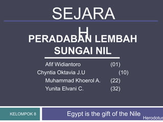 SEJARA
H LEMBAH
PERADABAN
SUNGAI NIL
Afif Widiantoro
Chyntia Oktavia J.U
Muhammad Khoerol A.
Yunita Elvani C.

KELOMPOK 8

(01)
(10)
(22)
(32)

Egypt is the gift of the Nile

Herodotus

 