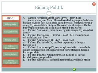 Bidang Politik
3. Zaman Kerajaan Mesir Baru (1570 – 1075 SM)
Zaman kerajaan Mesir Baru diawali dengan pendudukan
bangsa Hyksos dari Asia. Raja yang berhasil mengusir orang-
orang Hyksos adalah Fir’aun Atmosis I dari kerajaan Thebe.
Beberapa raja penting pada masa Mesir Baru yaitu:
a. Fir’aun Ahmosis I, mampu mengusir bangsa Hyksos dari
Mesir.
b. Fir’aun Thutmosis III (1500 – 1447 SM), memperluas
wilayah kerajaan Mesir.
c. Fir’aun Amonhotep II (1447 – 1442 SM)
d. Fir’aun Thutmosis IV, terlibat peperangan dengan
bangsa lain
e. Fir’aun Amonhoyep IV, menerapkan sistim monotheis
dalam kepercayaan sehingga timbul pertentangan dengan
kaum pendeta
f. Fir’aun Tut Ank Amon (1350 M), tunduk di bawah
kendali golongan pendeta.
g. Fir’aun Ramses II, berhasil memperluas wilayah Mesir
MENU
Bidang Sosial
Bidang Ekonomi
Bidang Iptek
Sistem
Kepercayaan
Bidang Politik
Bidang
kebudayaan
X
 