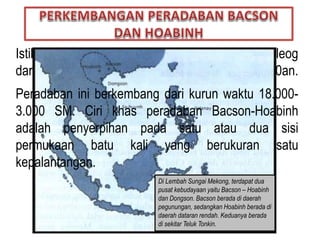 Istilah nama peradaban ini digunakan oleh arkeleog
dari Prancis bernama Madeleine Colani tahun 1920an.
Di Lembah Sungai Mekong, terdapat dua
pusat kebudayaan yaitu Bacson – Hoabinh
dan Dongson. Bacson berada di daerah
pegunungan, sedangkan Hoabinh berada di
daerah dataran rendah. Keduanya berada
di sekitar Teluk Tonkin.
Peradaban ini berkembang dari kurun waktu 18.000-
3.000 SM. Ciri khas peradaban Bacson-Hoabinh
adalah penyerpihan pada satu atau dua sisi
permukaan batu kali yang berukuran satu
kepalantangan.
 