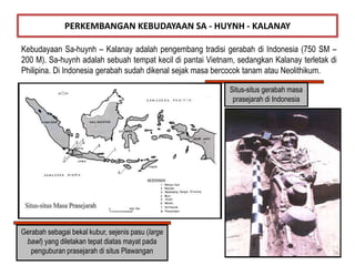 Kebudayaan Sa-huynh – Kalanay adalah pengembang tradisi gerabah di Indonesia (750 SM –
200 M). Sa-huynh adalah sebuah tempat kecil di pantai Vietnam, sedangkan Kalanay terletak di
Philipina. Di Indonesia gerabah sudah dikenal sejak masa bercocok tanam atau Neolithikum.
PERKEMBANGAN KEBUDAYAAN SA - HUYNH - KALANAY
Situs-situs gerabah masa
prasejarah di Indonesia
Gerabah sebagai bekal kubur, sejenis pasu (large
bawl) yang diletakan tepat diatas mayat pada
penguburan prasejarah di situs Plawangan
 