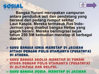 Bangsa Yunani merupakan campuran
antara penduduk asli dan pendatang yang
berasal dari padang rumput sekitar
Laut Kaspia. Mereka termasuk Ras Indo-
Jerman yang disebut bangsa Hellas yang
gagah berani. Mereka berimigrasi sejak
tahun 250 SM kemudian menetap di berbagai
daerah.
 Suku bangsa Ionia menetap di Jazirah
Attaoi dengan polis utamanya (pusatnya)
di Athena.
 Suku bangsa Aeolia menetap di Yunani
Utara dengan polis utamanya (pusatnya)
di Olymphia dan Delphi.
 Suku bangsa Doria menetap di Jazirah
 