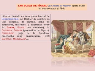 Libreto, basado en una pieza teatral de
Beaumarchais (Le Barbier de Seville), es
una comedia de enredo, llena de
equívocos, disfraces, y sorpresas entre
EL CONDE, FÍGARO (su sirviente), LA
CONDESA, SUSANA (prometida de Fígaro),
CHERUBINO (paje de la Condesa,
muchacho muy enamoradizo, DON
BARTOLO, MARCELLINA…)
LAS BODAS DE FÍGARO (Le Nozze di Figaro), ópera buffa
en cuatro actos (1786)
 