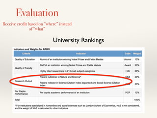 Evaluation
Receive credit based on “where” instead
of “what”
University Rankings
 