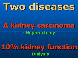 Two diseases A kidney carcinoma Nephrectomy 10% kidney function Dialysis 