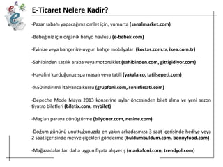 E-Ticaret Nelere Kadir?
-Pazar sabahı yapacağınız omlet için, yumurta (sanalmarket.com)
-Bebeğiniz için organik banyo havlusu (e-bebek.com)
-Evinize veya bahçenize uygun bahçe mobilyaları (koctas.com.tr, ikea.com.tr)
-Sahibinden satılık araba veya motorsiklet (sahibinden.com, gittigidiyor.com)
-Hayalini kurduğunuz spa masajı veya tatili (yakala.co, tatilsepeti.com)
-%50 indirimli İtalyanca kursu (grupfoni.com, sehirfirsati.com)
-Depeche Mode Mayıs 2013 konserine aylar öncesinden bilet alma ve yeni sezon
tiyatro biletleri (biletix.com, mybilet)
-Maçları paraya dönüştürme (bilyoner.com, nesine.com)
-Doğum gününü unuttuğunuzda en yakın arkadaşınıza 3 saat içerisinde hediye veya
2 saat içerisinde meyve çiçekleri gönderme (buldumbuldum.com, bonnyfood.com)
-Mağazadalardan daha uygun fiyata alışveriş (markafoni.com, trendyol.com)

 