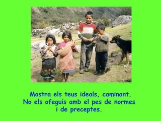 Mostra els teus ideals, caminant. No els ofeguis amb el pes de normes  i de preceptes.  
