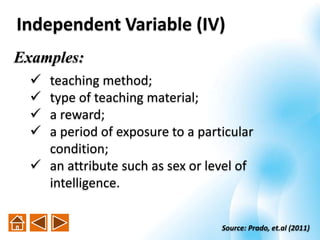 Examples:
 teaching method;
 type of teaching material;
 a reward;
 a period of exposure to a particular
condition;
 an attribute such as sex or level of
intelligence.
Source: Prado, et.al (2011)
Independent Variable (IV)
 