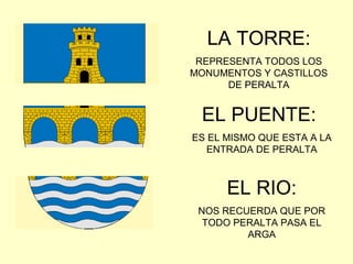 LA TORRE:
 REPRESENTA TODOS LOS
MONUMENTOS Y CASTILLOS
      DE PERALTA


 EL PUENTE:
ES EL MISMO QUE ESTA A LA
   ENTRADA DE PERALTA



      EL RIO:
 NOS RECUERDA QUE POR
  TODO PERALTA PASA EL
         ARGA
 