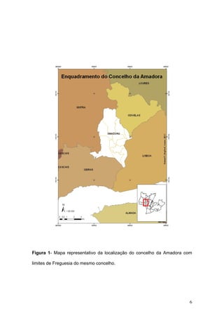 Figura 1- Mapa representativo da localização do concelho da Amadora com

limites de Freguesia do mesmo concelho.




                                                                     6
 