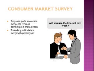  Tanyakan pada konsumen
mengenai rencana
pembelian di masa depan
 Terkadang sulit dalam
menjawab pertanyaan
How many hoHow many hours
will you use the Internet next
week?
© 1995 Corel
Corp.
 