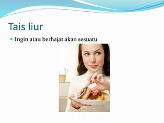 Tais liur
 Ingin atau berhajat akan sesuatu
 