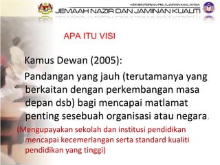 Kamus Dewan (2005): Pandangan yang jauh (terutamanya yang berkaitan dengan perkembangan masa depan dsb) bagi mencapai matl...