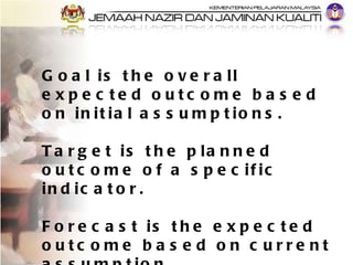Goal is the overall expected outcome based on initial assumptions. Target is the planned outcome of a specific indicator. ...
