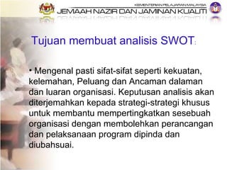 <ul><li>Mengenal pasti sifat-sifat seperti kekuatan, kelemahan, Peluang dan Ancaman dalaman dan luaran organisasi. Keputus...