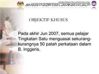 OBJEKTIF KHUSUS Pada akhir Jun 2007, semua pelajar Tingkatan Satu menguasai sekurang-kurangnya 50 patah perkataan dalam B....