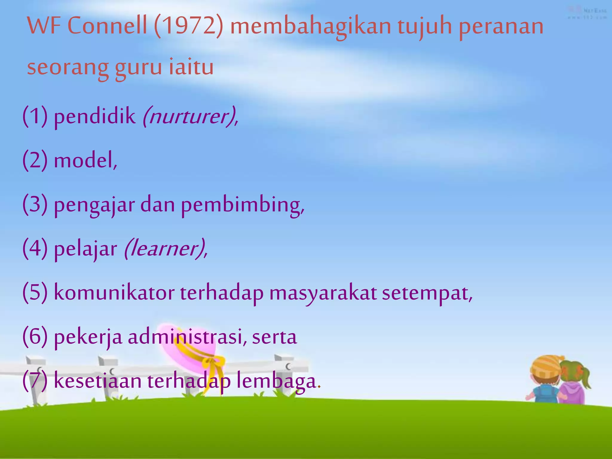 WF Connell(1972) membahagikantujuhperanan
seorang guru iaitu
(1) pendidik (nurturer),
(2) model,
(3) pengajardan pembimbing,
(4) pelajar(learner),
(5) komunikator terhadapmasyarakatsetempat,
(6) pekerja administrasi,serta
(7) kesetiaanterhadaplembaga.
 