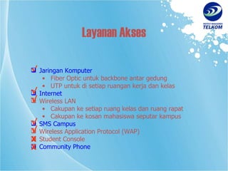 Layanan Akses √ Jaringan Komputer Fiber Optic untuk backbone antar gedung UTP untuk di setiap ruangan kerja dan kelas Internet Wireless LAN Cakupan ke setiap ruang kelas dan ruang rapat Cakupan ke kosan mahasiswa seputar kampus SMS Campus Wireless Application Protocol (WAP) Student Console Community Phone √ √ √ √ X X 