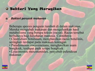 Bakteri Yang Merugikan
a. Bakteri perusak makanan
Beberapa spesies pengurai tumbuh di dalam makanan.
Mereka mengubah makanan dan mengeluarkan hasil
metabolisme yang berupa toksin (racun). Racun tersebut
berbahaya bagi kesehatan manusia. Contohnya:
• Clostridium botulinum, menghasilkan racun botulinin,
seringkali terdapat pada makanan kalengan
• Pseudomonas cocovenenans, menghasilkan asam
bongkrek, terdapat pada tempe bongkrek
• Leuconostoc mesenteroides, penyebab pelendiran
makanan
 