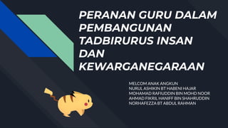 PERANAN GURU DALAM
PEMBANGUNAN
TADBIRURUS INSAN
DAN
KEWARGANEGARAAN
MELCOM ANAK ANGKUN
NURUL ASHIKIN BT HABENI HAJAR
MOHAMAD RAFIUDDIN BIN MOHD NOOR
AHMAD FIKRIL HANIFF BIN SHAHRUDDIN
NORHAFEZZA BT ABDUL RAHMAN
 