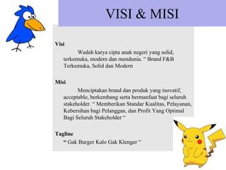 VISI & MISI
Visi
Wadah karya cipta anak negeri yang solid,
terkemuka, modern dan mendunia. “ Brand F&B
Terkemuka, Solid dan Modern
Misi
Menciptakan brand dan produk yang inovatif,
acceptable, berkembang serta bermanfaat bagi seluruh
stakeholder. “ Memberikan Standar Kualitas, Pelayanan,
Kebersihan bagi Pelanggan, dan Profit Yang Optimal
Bagi Seluruh Stakeholder “
Tagline
“ Gak Burger Kalo Gak Klenger “

 