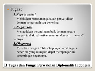  Tugas :
1.Representasi
Melakukan protes,mengadakan penyelidikan
dengan pemerintah sbg penerima.
2.Negosisasi
Mengadakan perundingan baik dengan negara
tempat ia diakreditasikan maupun dengan negara2
lainnya.
3.Observasi
Menelaah dengan teliti setiap kejadian dinegara
penerima yang mungkin dapat mempengaruhi
kepentingan negaranya.
 Tugas dan Fungsi Perwakilan Diplomatik Indonesia
 