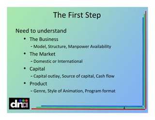 The First Step
Need to understand

•

The Business

- Model, Structure, Manpower Availability

•

The Market

- Domestic or International

•

Capital

- Capital outlay, Source of capital, Cash flow

•

Product

- Genre, Style of Animation, Program format
4

 