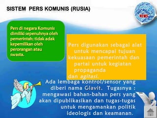 Pers digunakan sebagai alat
untuk mencapai tujuan
kekuasaan pemerintah dan
partai untuk kegiatan
propaganda
dan agitasi .
Ada lembaga kontrol /sensor yang
diberi nama Glavit. Tugasnya :
Glavit
mengawasi bahan-bahan pers yang
akan dipublikasikan dan tugas-tugas
untuk mengamankan politik
ideologis dan keamanan .

 