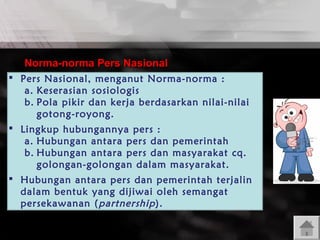 Norma-norma Pers Nasional
 Pers Nasional, menganut Norma-norma :
a. Keserasian sosiologis
b. Pola pikir dan kerja berdasarkan nilai-nilai
gotong-royong.
 Lingkup hubungannya pers :
a. Hubungan antara pers dan pemerintah
b. Hubungan antara pers dan masyarakat cq.
golongan-golongan dalam masyarakat.
 Hubungan antara pers dan pemerintah terjalin
dalam bentuk yang dijiwai oleh semangat
persekawanan ( partnership ).

 