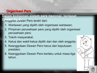 Organisasi Pers
Dalam komponen sistem pers nasional, terdapat
Dewan Pers.
Anggota Dewan Pers terdiri dari:
1. Wartawan yang dipilih oleh organisasi wartawan;
2. Pimpinan perusahaan pers yang dipilih oleh organisasi
perusahaan pers;
3. Tokoh masyarakat.
4. Ketua dan wakil ketua dipilih dari dan oleh anggota;
5. Keanggotaan Dewan Pers harus dari keputusan
presiden;
6. Keanggotaan Dewan Pers berlaku untuk masa tiga
tahun.

 