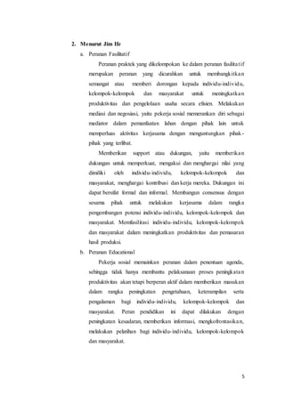 5
2. Menurut Jim Ife
a. Peranan Fasilitatif
Peranan praktek yang dikelompokan ke dalam peranan fasilitatif
merupakan peranan yang dicurahkan untuk membangkitkan
semangat atau memberi dorongan kepada individu-individu,
kelompok-kelompok dan masyarakat untuk meningkatkan
produktivitas dan pengelolaan usaha secara efisien. Melakukan
mediasi dan negosiasi, yaitu pekerja sosial memerankan diri sebagai
mediator dalam pemanfaatan lahan dengan pihak lain untuk
memperluas aktivitas kerjasama dengan menguntungkan pihak-
pihak yang terlibat.
Memberikan support atau dukungan, yaitu memberikan
dukungan untuk memperkuat, mengakui dan menghargai nilai yang
dimiliki oleh individu-individu, kelompok-kelompok dan
masyarakat, menghargai kontribusi dan kerja mereka. Dukungan ini
dapat bersifat formal dan informal. Membangun consensus dengan
sesama pihak untuk melakukan kerjasama dalam rangka
pengembangan potensi individu-individu, kelompok-kelompok dan
masyarakat. Memfasilitasi individu-individu, kelompok-kelompok
dan masyarakat dalam meningkatkan produktivitas dan pemasaran
hasil produksi.
b. Peranan Educational
Pekerja sosial memainkan peranan dalam penentuan agenda,
sehingga tidak hanya membantu pelaksanaan proses peningkatan
produktivitas akan tetapi berperan aktif dalam memberikan masukan
dalam rangka peningkatan pengetahuan, keterampilan serta
pengalaman bagi individu-individu, kelompok-kelompok dan
masyarakat. Peran pendidikan ini dapat dilakukan dengan
peningkatan kesadaran, memberikan informasi, mengkofrontasikan,
melakukan pelatihan bagi individu-individu, kelompok-kelompok
dan masyarakat.
 