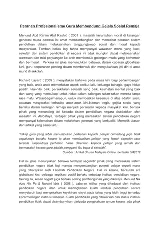 Peranan profesionalisme guru membendung gejala sosial remaja