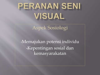 Aspek Sosiologi 
•Memajukan potensi individu 
•Kepentingan sosial dan 
kemasyarakatan 
 