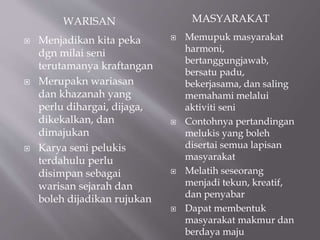 WARISAN MASYARAKAT 
 Menjadikan kita peka 
dgn milai seni 
terutamanya kraftangan 
 Merupakn wariasan 
dan khazanah yang 
perlu dihargai, dijaga, 
dikekalkan, dan 
dimajukan 
 Karya seni pelukis 
terdahulu perlu 
disimpan sebagai 
warisan sejarah dan 
boleh dijadikan rujukan 
 Memupuk masyarakat 
harmoni, 
bertanggungjawab, 
bersatu padu, 
bekerjasama, dan saling 
memahami melalui 
aktiviti seni 
 Contohnya pertandingan 
melukis yang boleh 
disertai semua lapisan 
masyarakat 
 Melatih seseorang 
menjadi tekun, kreatif, 
dan penyabar 
 Dapat membentuk 
masyarakat makmur dan 
berdaya maju 
 