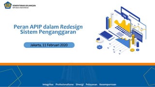 Integritas Profesionalisme Sinergi Pelayanan KesempurnaanIntegritas Profesionalisme Sinergi Pelayanan Kesempurnaan
Peran APIP dalam Redesign
Sistem Penganggaran
Jakarta, 11 Februari 2020
 