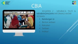CBIA
KEGIATAN 2 : MEMBACA TELITI &
MEMBANDINGKAN INFORMASI ANTAR
SEDIAAN
1. Kandungan isi
2. Bentuk sediaan
3. Kekuatan
4. Sediaan
5. Indikasi
 
