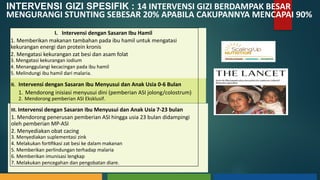 INTERVENSI GIZI SPESIFIK : 14 INTERVENSI GIZI BERDAMPAK BESAR
MENGURANGI STUNTING SEBESAR 20% APABILA CAKUPANNYA MENCAPAI 90%
I. Intervensi dengan Sasaran Ibu Hamil
1. Memberikan makanan tambahan pada ibu hamil untuk mengatasi
kekurangan energi dan protein kronis
2. Mengatasi kekurangan zat besi dan asam folat
3. Mengatasi kekurangan iodium
4. Menanggulangi kecacingan pada ibu hamil
5. Melindungi ibu hamil dari malaria.
II. Intervensi dengan Sasaran Ibu Menyusui dan Anak Usia 0-6 Bulan
1. Mendorong inisiasi menyusui dini (pemberian ASI jolong/colostrum)
2. Mendorong pemberian ASI Eksklusif.
III. Intervensi dengan Sasaran Ibu Menyusui dan Anak Usia 7-23 bulan
1. Mendorong penerusan pemberian ASI hingga usia 23 bulan didampingi
oleh pemberian MP-ASI
2. Menyediakan obat cacing
3. Menyediakan suplementasi zink
4. Melakukan fortifikasi zat besi ke dalam makanan
5. Memberikan perlindungan terhadap malaria
6. Memberikan imunisasi lengkap
7. Melakukan pencegahan dan pengobatan diare.
 