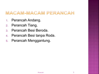 1. Perancah Andang.
2. Perancah Tiang.
3. Perancah Besi Beroda.
4. Perancah Besi tanpa Roda.
5. Perancah Menggantung.
Perancah 5
 
