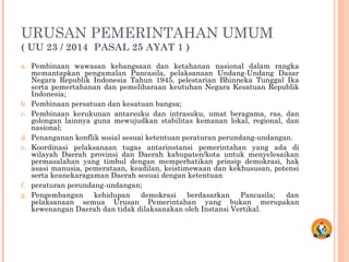 URUSAN PEMERINTAHAN UMUM
( UU 23 / 2014 PASAL 25 AYAT 1 )
a. Pembinaan wawasan kebangsaan dan ketahanan nasional dalam rangka
memantapkan pengamalan Pancasila, pelaksanaan Undang-Undang Dasar
Negara Republik Indonesia Tahun 1945, pelestarian Bhinneka Tunggal Ika
serta pemertahanan dan pemeliharaan keutuhan Negara Kesatuan Republik
Indonesia;
b. Pembinaan persatuan dan kesatuan bangsa;
c. Pembinaan kerukunan antarsuku dan intrasuku, umat beragama, ras, dan
golongan lainnya guna mewujudkan stabilitas kemanan lokal, regional, dan
nasional;
d. Penanganan konflik sosial sesuai ketentuan peraturan perundang-undangan.
e. Koordinasi pelaksanaan tugas antarinstansi pemerintahan yang ada di
wilayah Daerah provinsi dan Daerah kabupaten/kota untuk menyelesaikan
permasalahan yang timbul dengan memperhatikan prinsip demokrasi, hak
asasi manusia, pemerataan, keadilan, keistimewaan dan kekhususan, potensi
serta keanekaragaman Daerah sesuai dengan ketentuan
f. peraturan perundang-undangan;
g. Pengembangan kehidupan demokrasi berdasarkan Pancasila; dan
pelaksanaan semua Urusan Pemerintahan yang bukan merupakan
kewenangan Daerah dan tidak dilaksanakan oleh Instansi Vertikal.
 