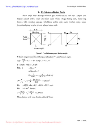 Page 8 of 45 
2.4.2 Tinjauan terhadap tekuk lokal pelat badan 
-  = H/tw = (150-3.2x2)/3.2 = 44.88 
- p = 1680/fy = 1680/240 = 108.44 
- r = 2550/fy = 2550/240 = 164.60 
- Karena   p , maka pelat sayap kompak 
- Mn = Mp = Zx (fy) = (39.98 x 103) x 240 = 9.56 kNm 
2.4.3 
Tinjauan terhadap tekuk lateral 
- Lb (jarak antar pengaku/sokongan lateral) = 2000 mm 
- Lp = 1.76 ry (E/fy) = 1.76 (57.1) (200,000/240) = 919.60 mm 
- fl = fy – fr = 240 – 70 = 170 Mpa 
- 
bt3 (50×3.23×3)+(3.2×1503)+(3.2(20-3.2)3 4 J= = =3606mm 
3 3 
 
- 
 	 

  

  
 