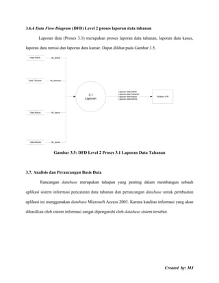 Created by: MJ
3.6.4 Data Flow Diagram (DFD) Level 2 proses laporan data tahanan
Laporan data (Proses 3.1) merupakan proses laporan data tahanan, laporan data kasus,
laporan data remisi dan laporan data kamar. Dapat dilihat pada Gambar 3.5.
3.1
Laporan
tbl_distrik
tbl_tahanan
tbl_kasus
tbl_remisi
Data Distrik
Data Tahanan
Data Kasus
Data Remisi
Direktur LPB
Laporan data Distrik
Laporan data Tahanan
Laporan data Kasus
Laporan data Remisi
Gambar 3.5: DFD Level 2 Proses 3.1 Laporan Data Tahanan
3.7. Analisis dan Perancangan Basis Data
Rancangan database merupakan tahapan yang penting dalam membangun sebuah
aplikasi sistem informasi pencatatan data tahanan dan perancangan database untuk pembuatan
aplikasi ini menggunakan database Microsoft Access 2003. Karena kualitas informasi yang akan
dihasilkan oleh sistem informasi sangat dipengaruhi oleh database sistem tersebut.
 