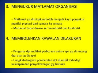 3. MENGUKUR MATLAMAT ORGANISASI
- Matlamat yg ditetapkan boleh menjadi kayu pengukur
menilai prestasi dari semasa ke semasa
- Matlamat dapat diukur scr kuantitatif dan kualitatif

4. MEMBOLEHKAN KAWALAN DILAKUKAN
- Pengurus dpt melihat perbezaan antara apa yg dirancang
dgn apa yg dicapai
- Langkah-langkah pembetulan dpt diambil terhadap
kesilapan dan penyelewengan yg berlaku

 